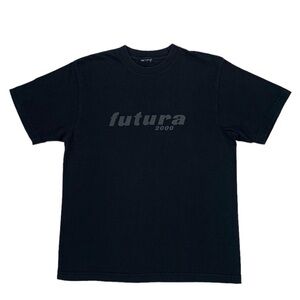 Vintage Futura 2000 Black & Reflective Spell Out Logo Short Sleeve T Shirt Sz M